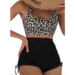 MakeMeChic Women’s 2 Piece Swimsuit Leopard Scoop Neck High Waist Drawstring M